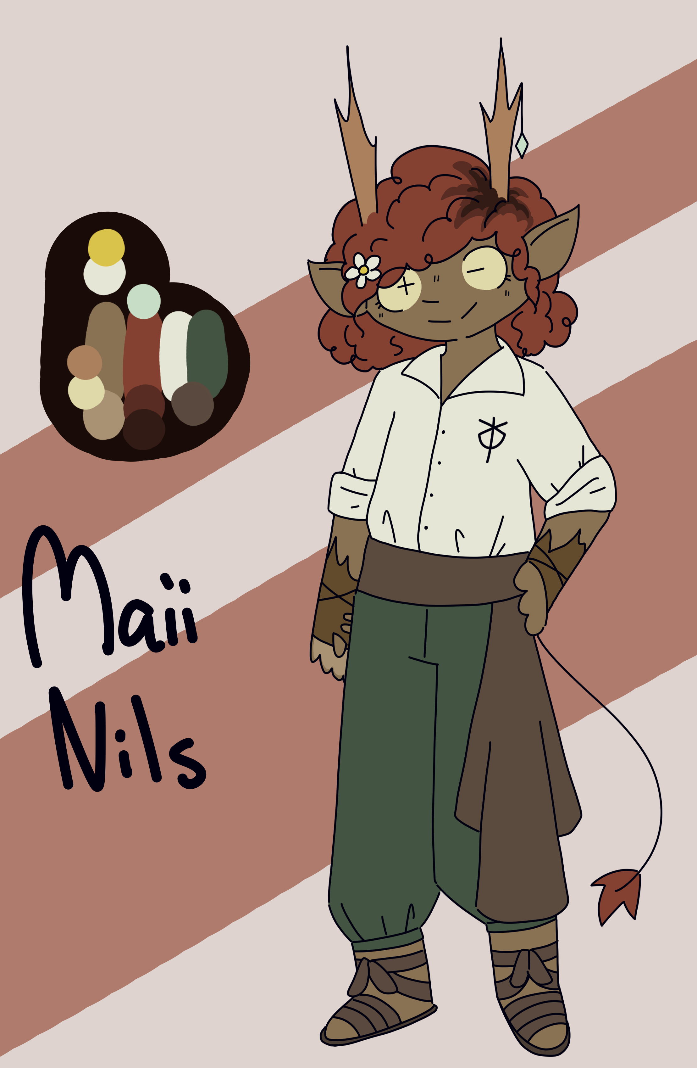 drawing of a dark-skinned elf with shoulder-length hair dyed red, thin tall antlers with a gem hanging off one of them, a thin tail, and a white flower in her hair. her outfit consists of an off-white button up shirt, green pants tied with a brown sash around her waist, brown sandals and leather fingerless gloves